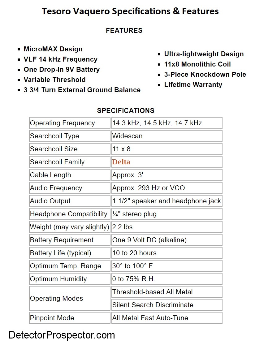 Tesoro Metal Detector Comparison Chart