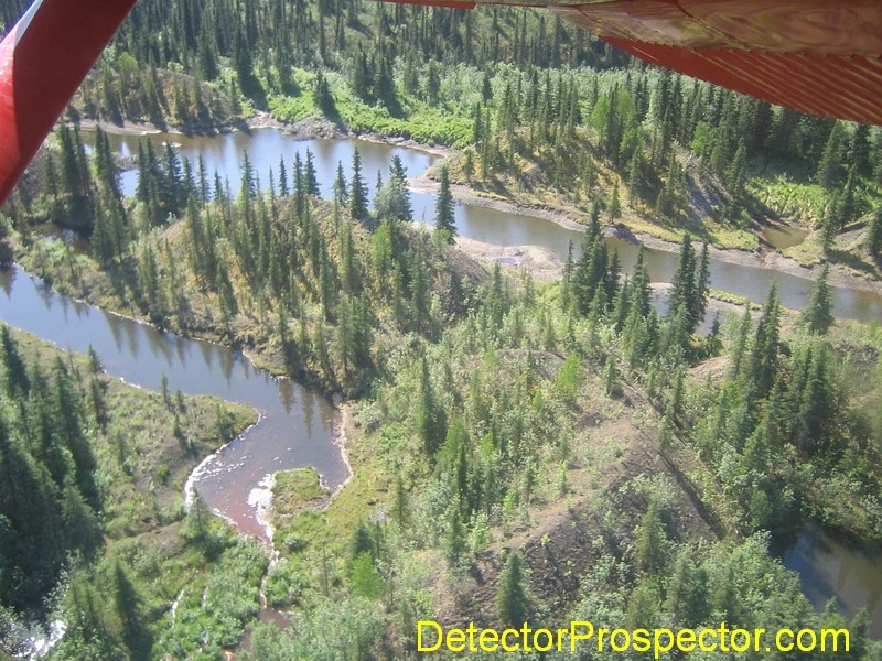 Aerial view of tailing piles and ponds at Moore Creek, Alaska