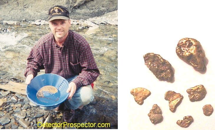 Steve with gold found running sluice box, and some detected nuggets (largest 8 dwt)